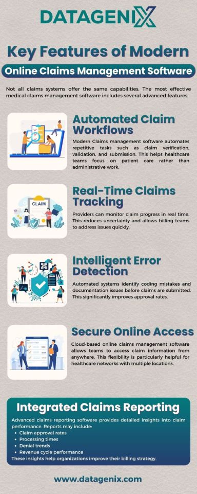 Key Features of Modern Online Claims Management Software  Modern online claims management software enables healthcare teams to work more efficiently and with fewer errors. It can automatically check, review, and send claims. Teams can track claims in real time and fix problems quickly. The software also shows reports on approvals, denials, and claim time. Choose DataGenix to make claim handling easier, faster, and more accurate. – @datagenix on Tumblr